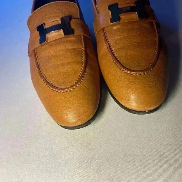 HERMES Paris Loafer 37 7 H Logo Silver Buckle Mules Natural Tan Black Sole - Picture 6 of 12